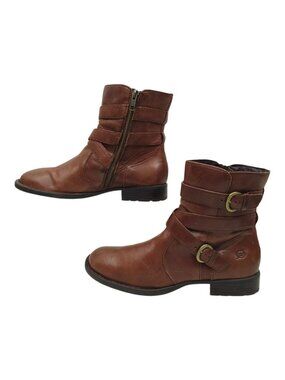 Born Ankle Boots 7.5 Strappy Multi Buckle Side Zip Brown Leather Booties Moto